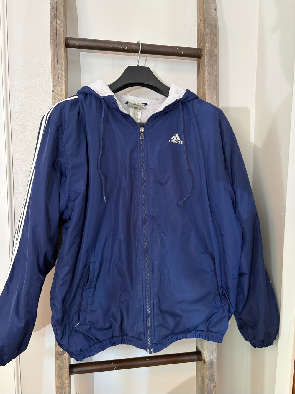 adidas Navy Blue Hooded Windbreaker with White 3-Stripes